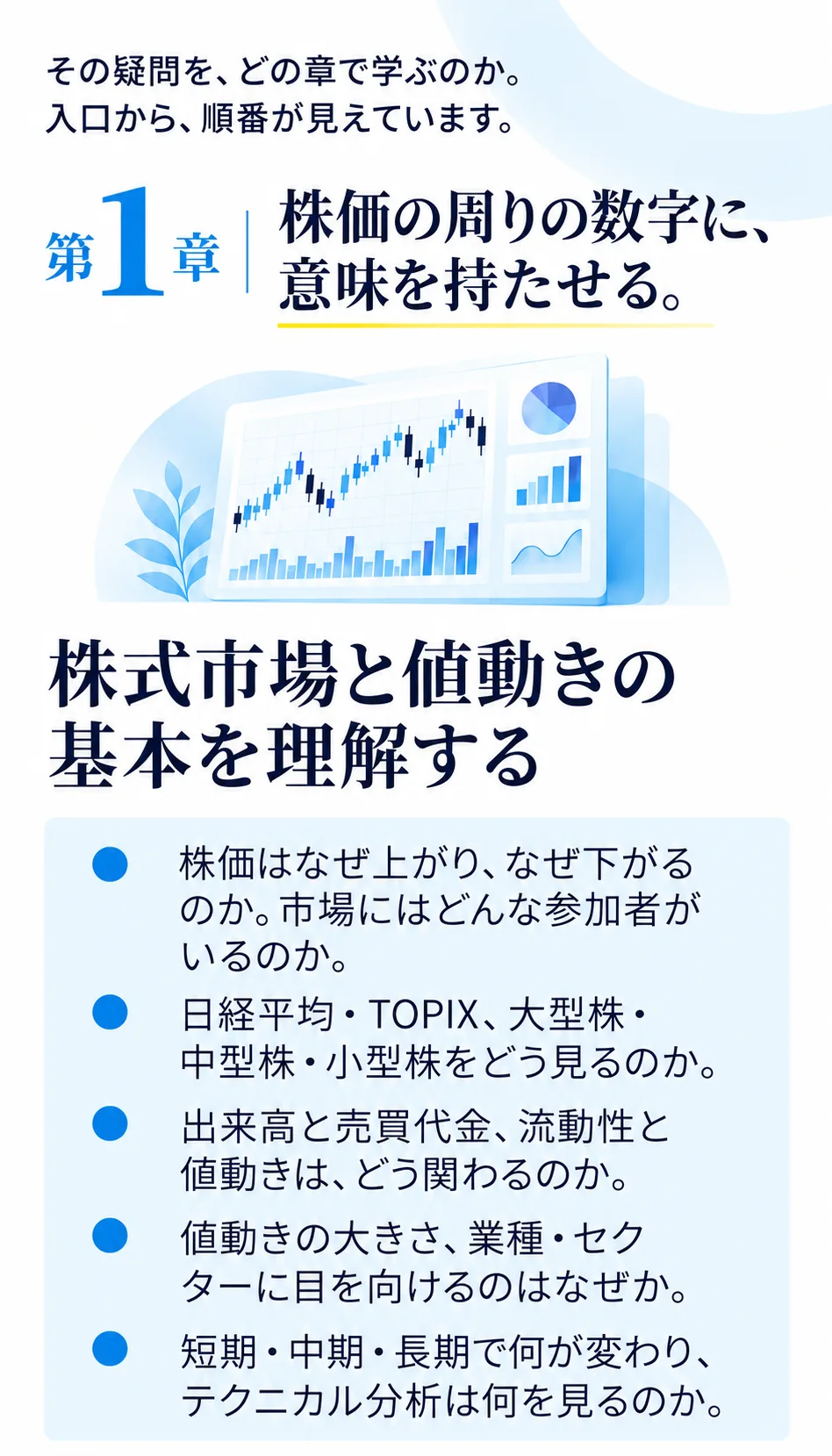 その疑問を、どの章で学ぶのか。入口から、順番が見えています。

第1章｜株価の周りの数字に、意味を持たせる。

株式市場と値動きの基本を理解する

- 株価はなぜ上がり、なぜ下がるのか。市場にはどんな参加者がいるのか。
- 日経平均・TOPIX、大型株・中型株・小型株をどう見るのか。
- 出来高と売買代金、流動性と値動きは、どう関わるのか。
- 値動きの大きさ、業種・セクターに目を向けるのはなぜか。
- 短期・中期・長期で何が変わり、テクニカル分析は何を見るのか。